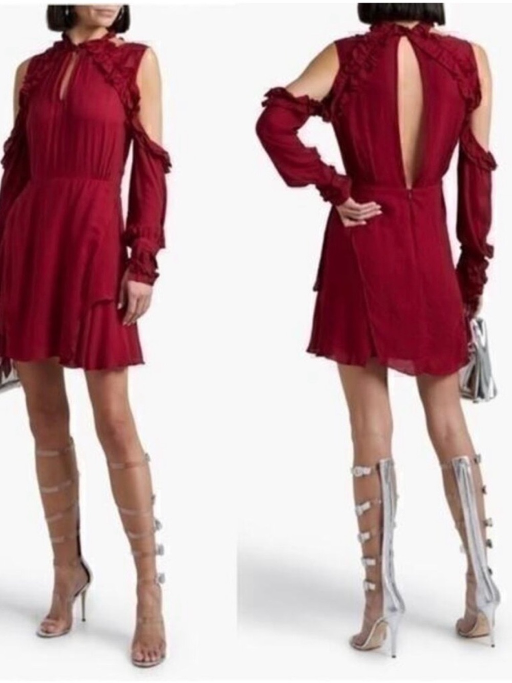 IRO Burgundy Cold-Shoulder Ruffle Mini Dress - Picture 2 of 12